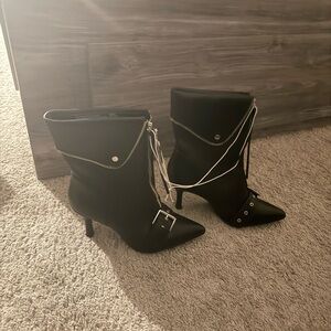 Pointed Toe Black Ankle Boots with Zipper and Buckle